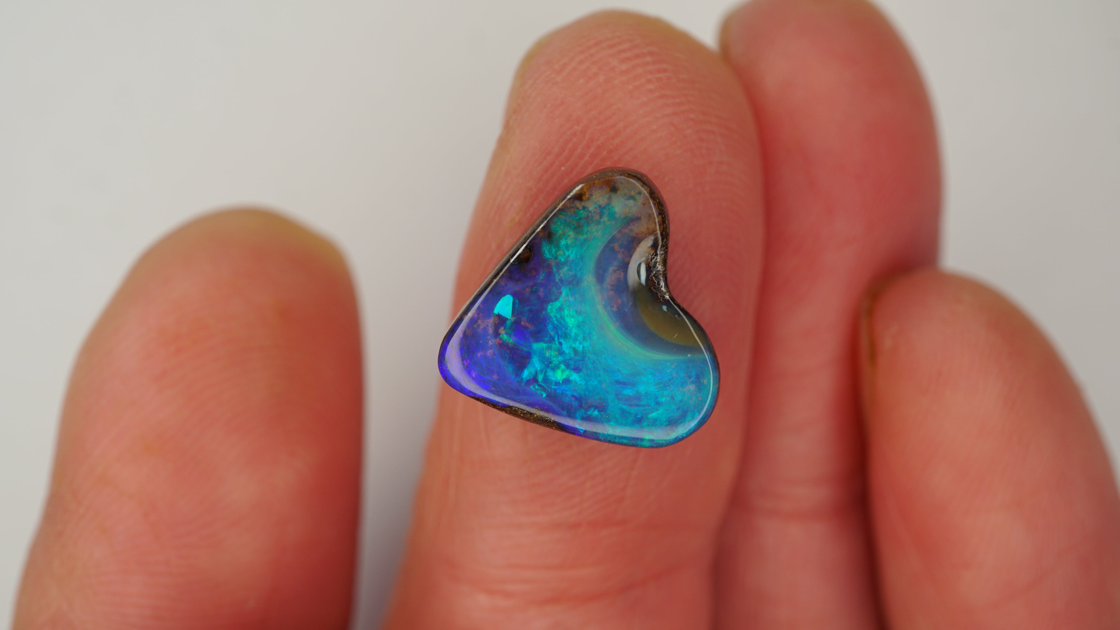 7.5ct Heart-Shaped Boulder Opal - Green Broad Flash with Blue Undertones