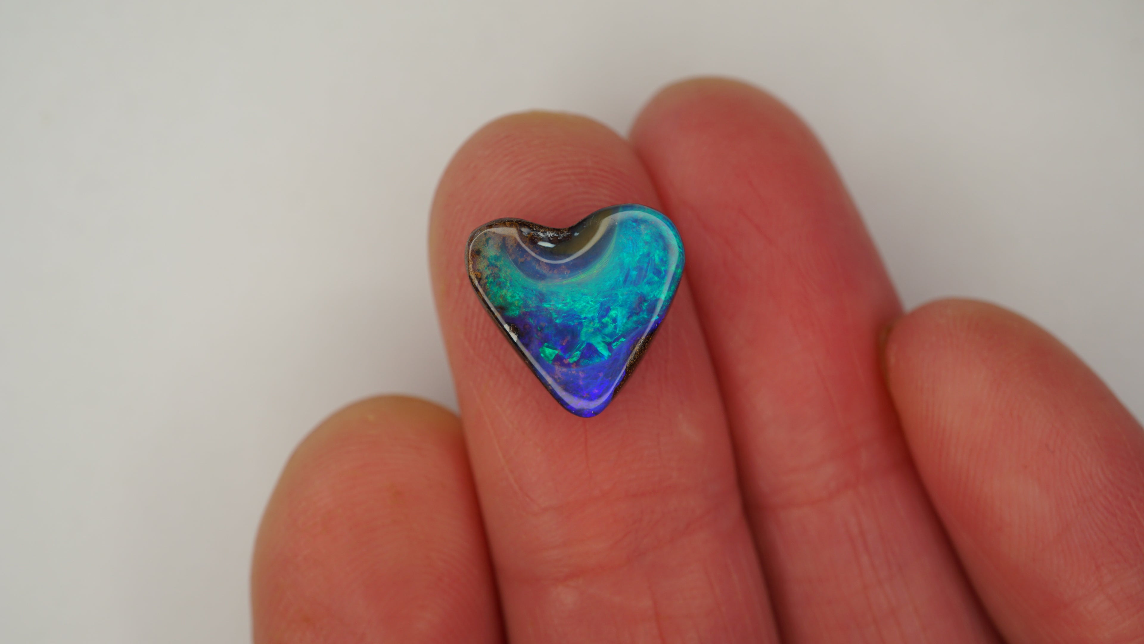 7.5ct Heart-Shaped Boulder Opal - Green Broad Flash with Blue Undertones