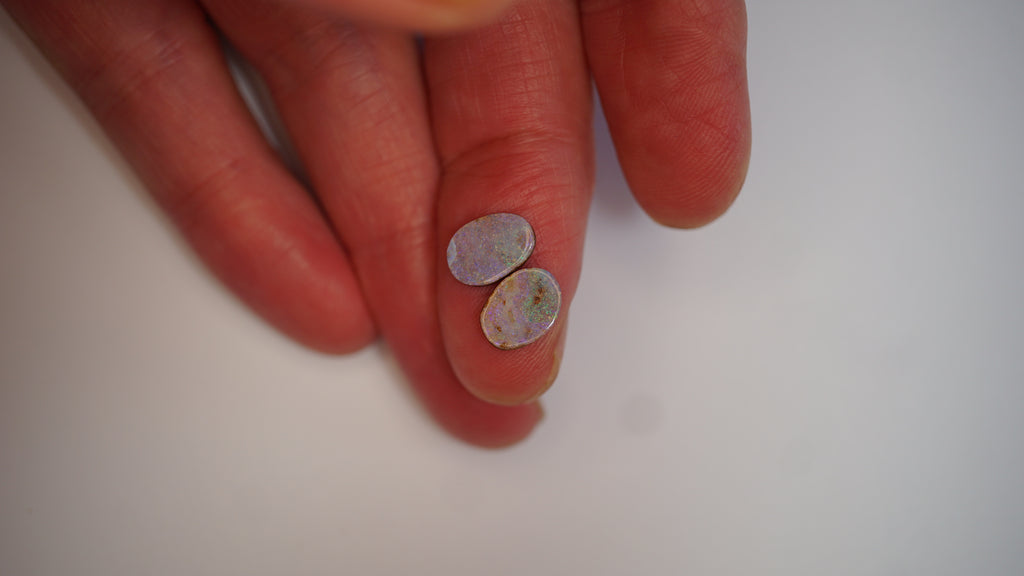 2.75ct Matched Boulder Opal Pair - Green & Magenta Pinfire on Pale Purple Host Body Tone