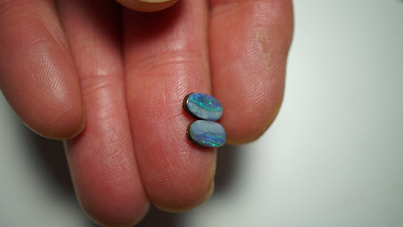 2.2ct Matched Boulder Opal Pair - Green & Gold Pinfire on Mid Blue Host Body Tone