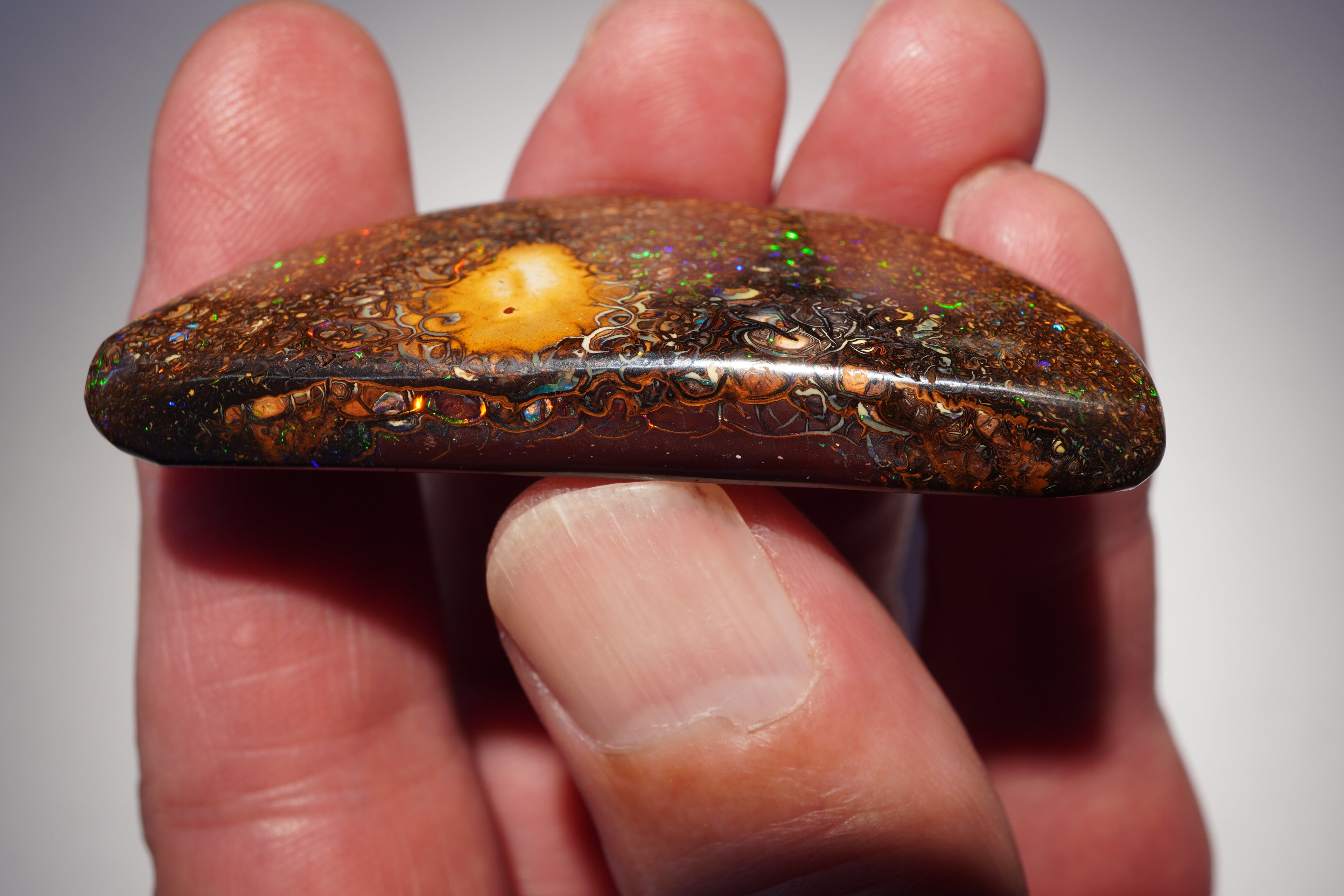 167.4ct Koroit Boulder Opal Specimen (Half Moon) — Nebula Drift